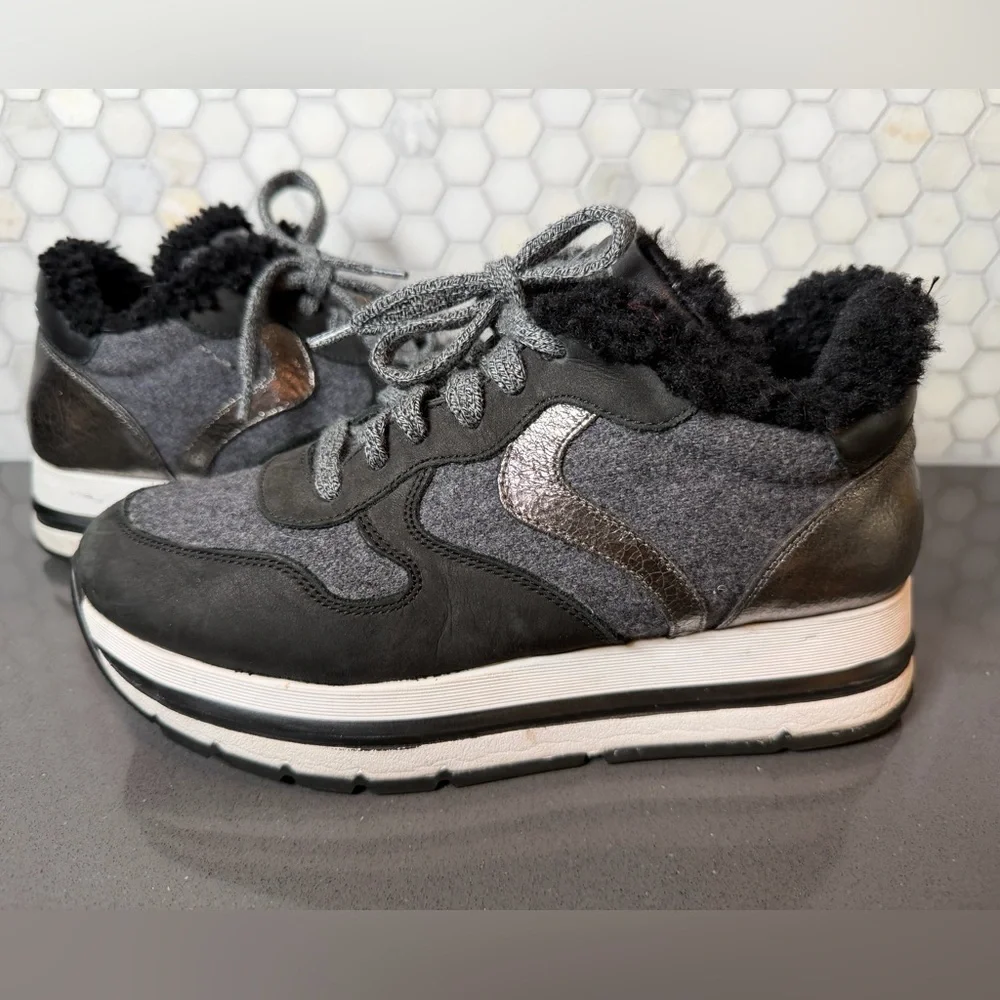Voile Blanche Maran Fur Leather Shearling Platform Sneakers Black & Grey Sz 39